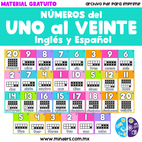 Números del 1 al 20 Español e Inglés - Material Gratuito Minders