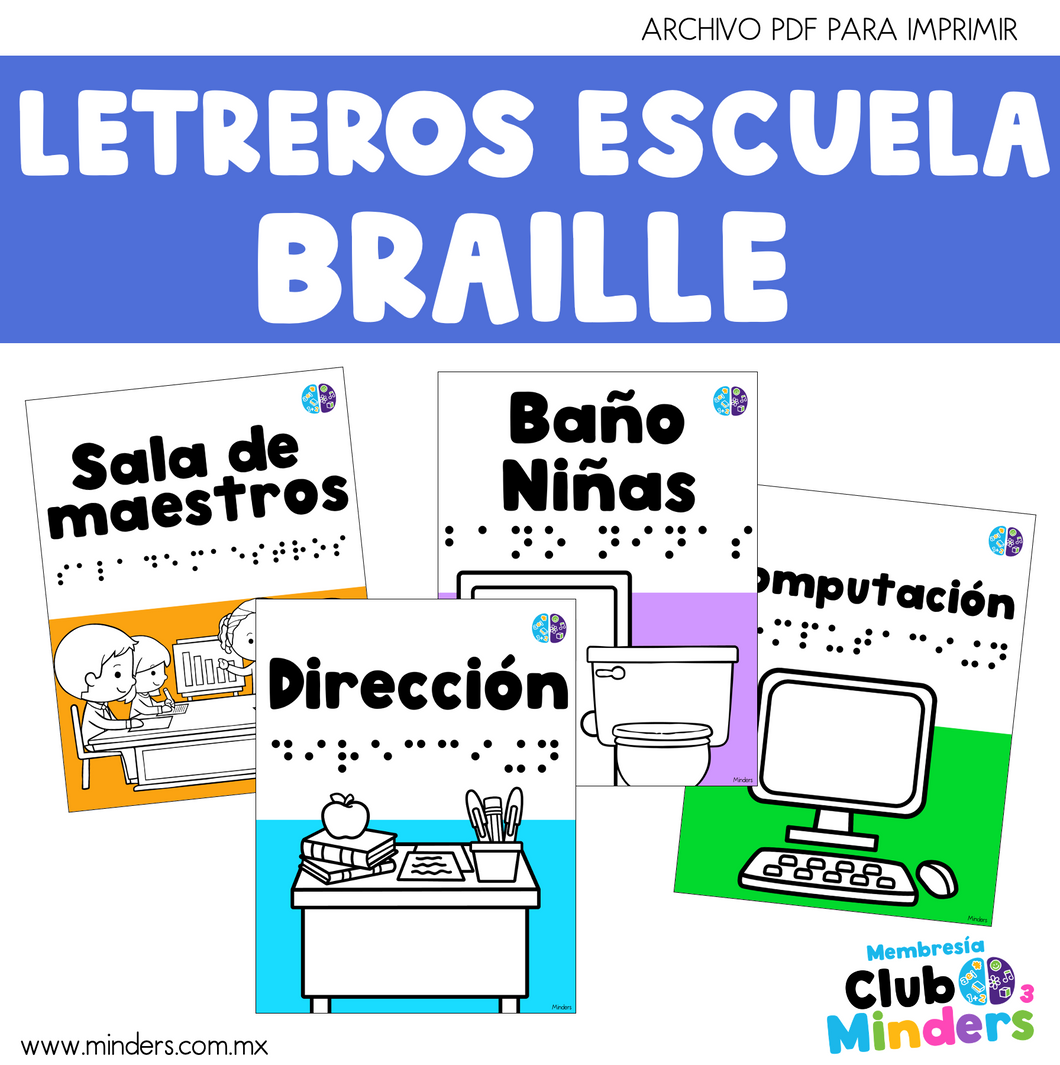 Letreros de lugares en la escuela Braille