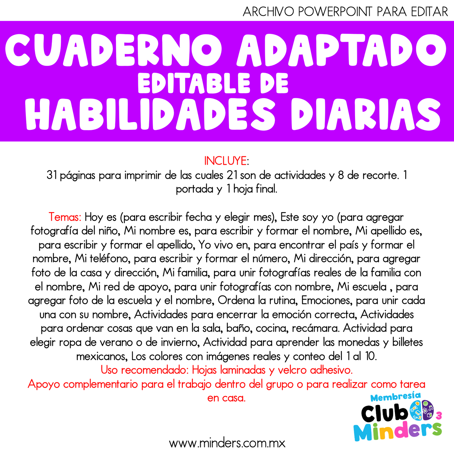 Cuaderno Adaptado de Habilidades Diarias Editable