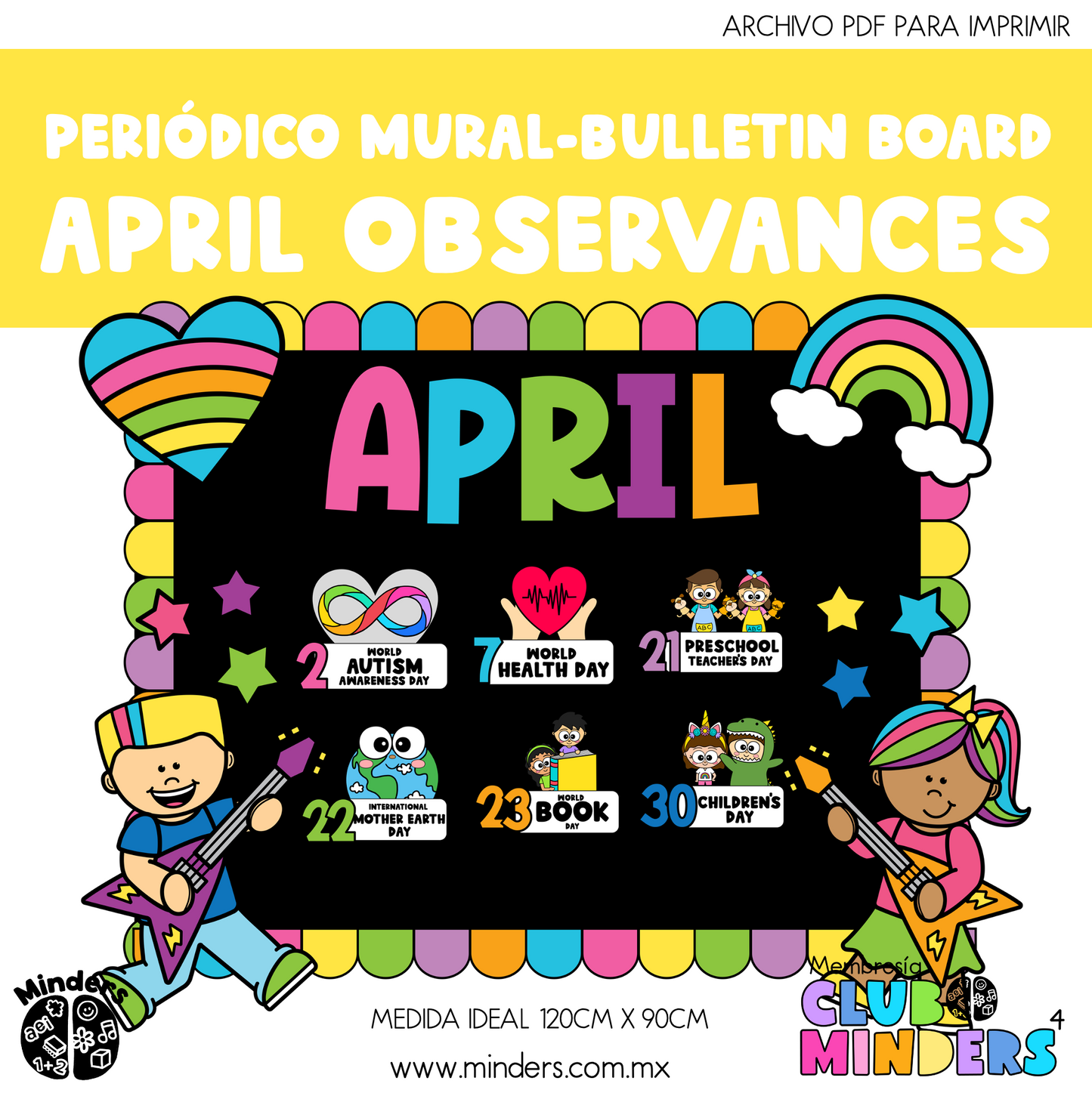 Bulletin board - April Observances Bright Rainbow