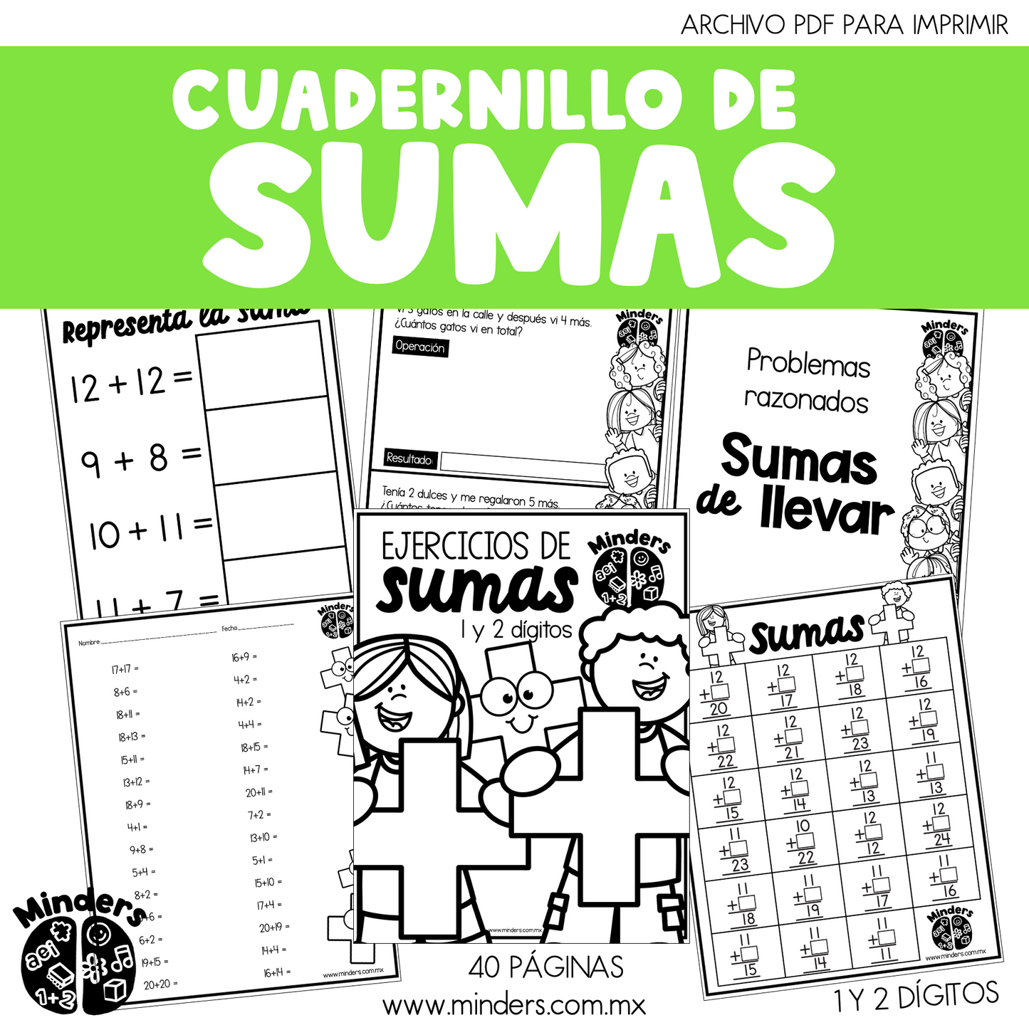 Cuadernillo de sumas de 1 y 2 dígitos