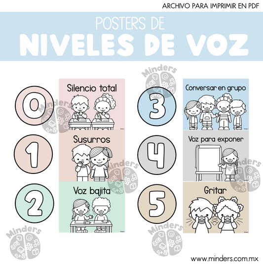 Posters de Niveles de voz - Colores neutros